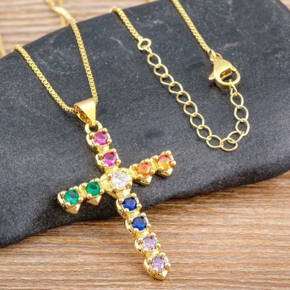 Gold-Tone Multicolor Cross Pendant Necklace